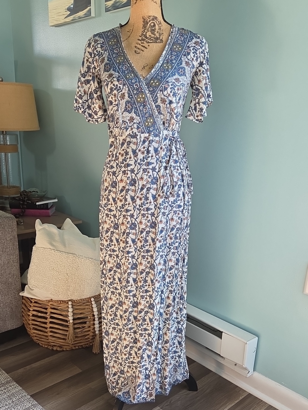 Lulus Blue White Floral Wrap Maxi Dress Boho Coastal Resort Cottagecore
